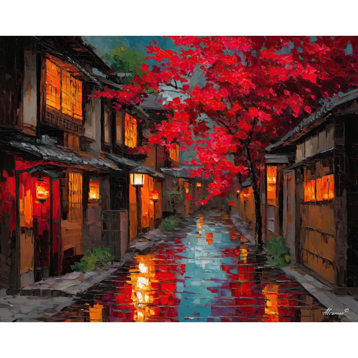 japan, palette knife, oil painting, impasto, textured strokes, vivid colors, expressive art, modern painting, bold composition, dramatic light, color contrast, atmospheric, visual storytelling, contemporary art, creative, illustrative