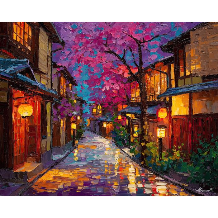 japan, palette knife, oil painting, impasto, textured strokes, vivid colors, expressive art, modern painting, bold composition, dramatic light, color contrast, atmospheric, visual storytelling, contemporary art, creative, illustrative