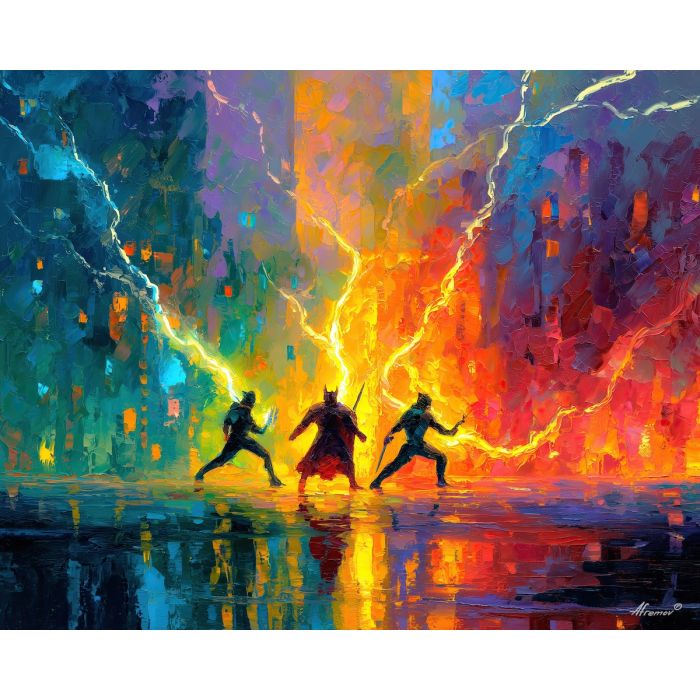 video, game, palette knife, oil painting, impasto, textured strokes, vivid colors, expressive art, modern painting, bold composition, dramatic light, color contrast, atmospheric, visual storytelling, contemporary art, creative, illustrative