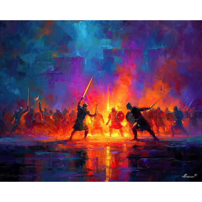 video, game, palette knife, oil painting, impasto, textured strokes, vivid colors, expressive art, modern painting, bold composition, dramatic light, color contrast, atmospheric, visual storytelling, contemporary art, creative, illustrative