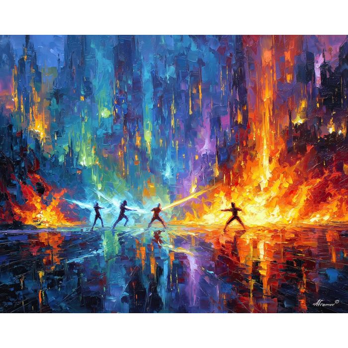 video, game, palette knife, oil painting, impasto, textured strokes, vivid colors, expressive art, modern painting, bold composition, dramatic light, color contrast, atmospheric, visual storytelling, contemporary art, creative, illustrative