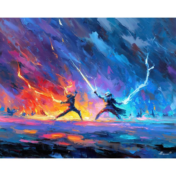 video, game, palette knife, oil painting, impasto, textured strokes, vivid colors, expressive art, modern painting, bold composition, dramatic light, color contrast, atmospheric, visual storytelling, contemporary art, creative, illustrative