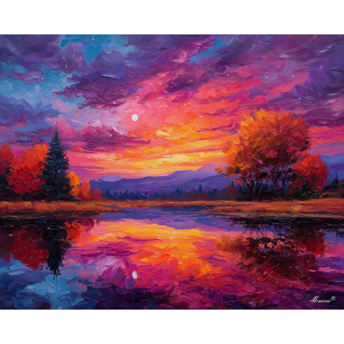 ember, valley, palette knife, oil painting, impasto, textured strokes, vivid colors, modern art, expressive painting, bold composition, atmospheric, dramatic light, color contrast, contemporary, visual storytelling, creative art, fine art