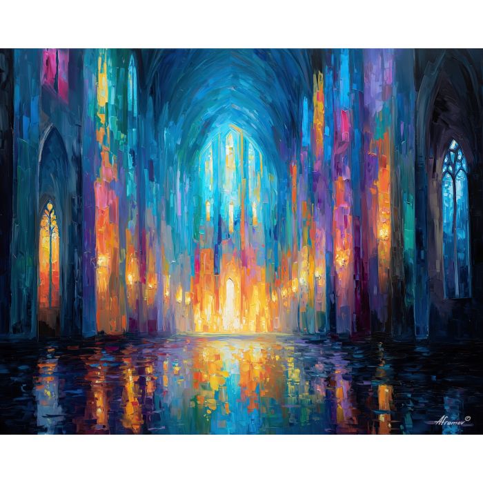 azure, sanctuary, palette knife, oil painting, impasto, textured strokes, vivid colors, modern art, expressive painting, bold composition, atmospheric, dramatic light, color contrast, contemporary, visual storytelling, creative art, fine art