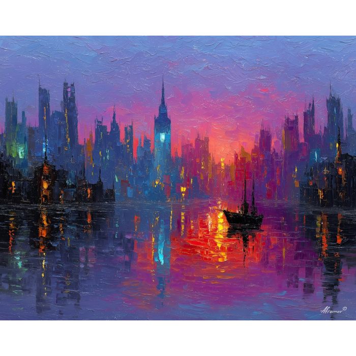 velvet, skyline, palette knife, oil painting, impasto, textured strokes, vivid colors, modern art, expressive painting, bold composition, atmospheric, dramatic light, color contrast, contemporary, visual storytelling, creative art, fine art
