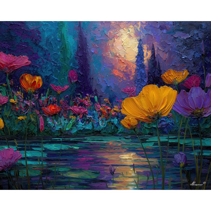 lunar, garden, palette knife, oil painting, impasto, textured strokes, vivid colors, modern art, expressive painting, bold composition, atmospheric, dramatic light, color contrast, contemporary, visual storytelling, creative art, fine art