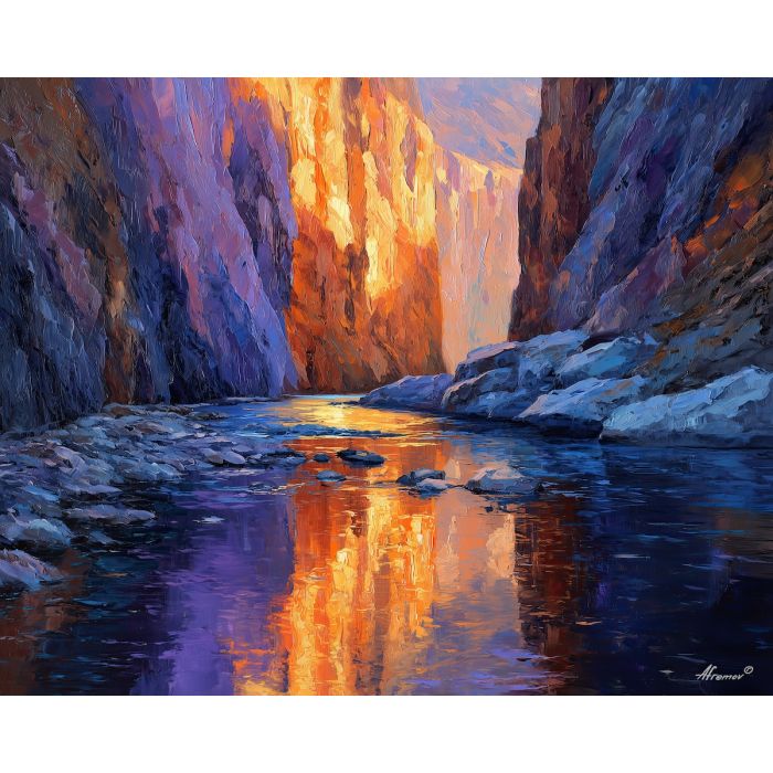 cobalt, canyon, palette knife, oil painting, impasto, textured strokes, vivid colors, modern art, expressive painting, bold composition, atmospheric, dramatic light, color contrast, contemporary, visual storytelling, creative art, fine art
