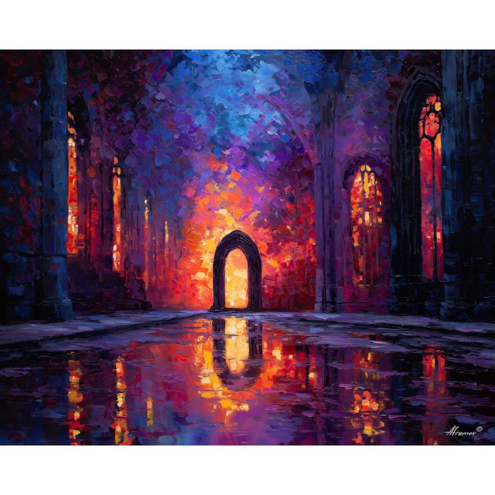 sunken, cathedral, palette knife, oil painting, impasto, textured strokes, vivid colors, modern art, expressive painting, bold composition, atmospheric, dramatic light, color contrast, contemporary, visual storytelling, creative art, fine art