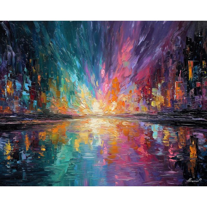 midnight, carnival, palette knife, oil painting, impasto, textured strokes, vivid colors, modern art, expressive painting, bold composition, atmospheric, dramatic light, color contrast, contemporary, visual storytelling, creative art, fine art