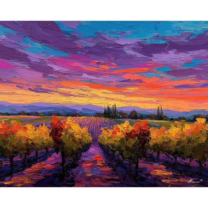 twilight, vineyard, palette knife, oil painting, impasto, textured strokes, vivid colors, modern art, expressive painting, bold composition, atmospheric, dramatic light, color contrast, contemporary, visual storytelling, creative art, fine art
