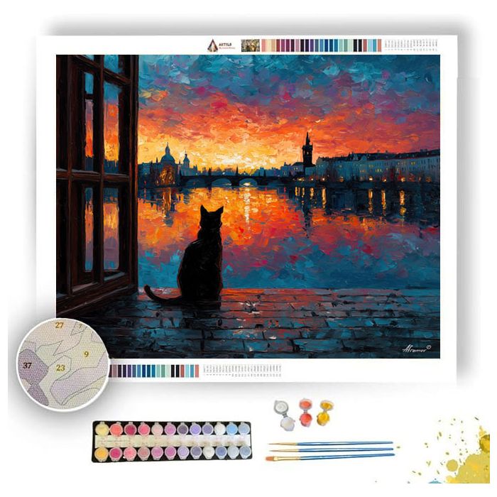 PRAGUE WINDOW CAT SILHOUETTE - Paint by Numbers Full Kit