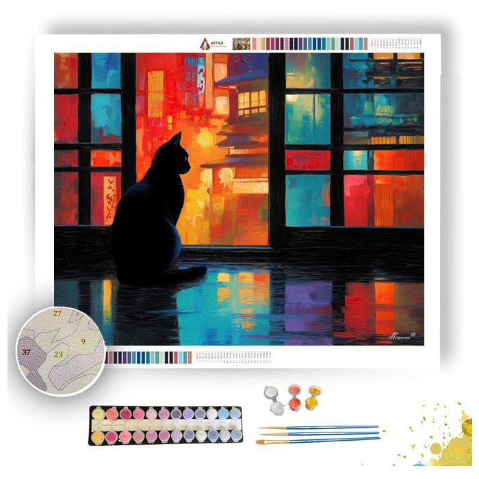 KYOTO WINDOW CAT SILHOUETTE - Paint by Numbers Full Kit