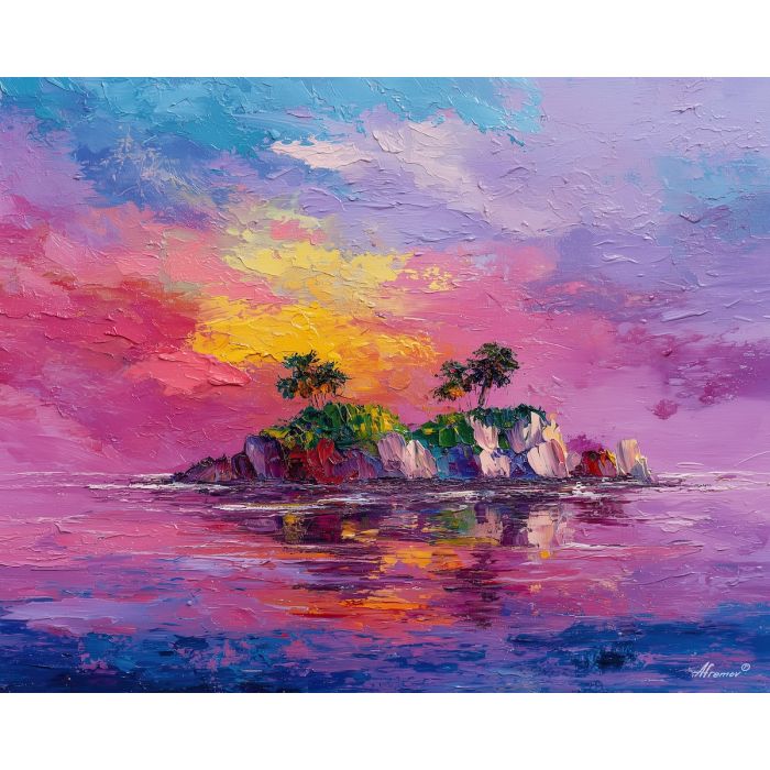scarlet, archipelago, palette knife, oil painting, impasto, textured strokes, vivid colors, modern art, expressive painting, bold composition, atmospheric, dramatic light, color contrast, contemporary, visual storytelling, creative art, fine art