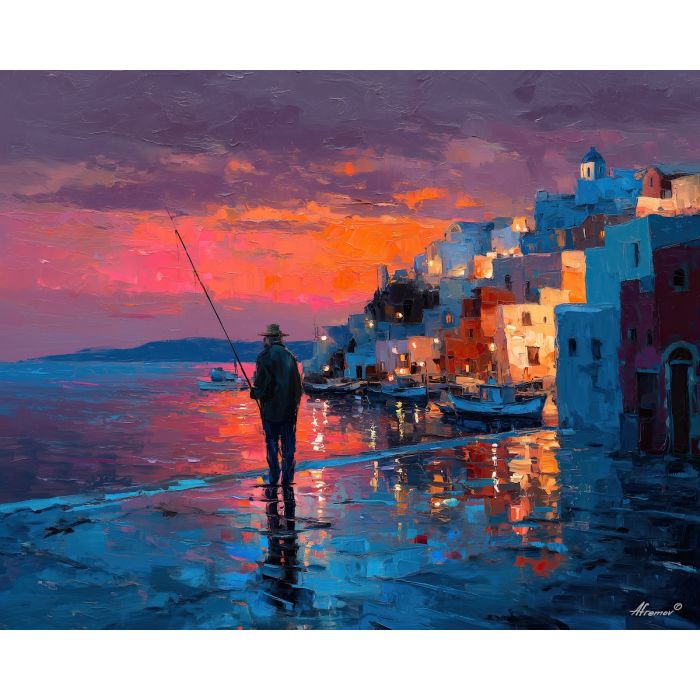 santorini, fisherman, at, twilight, in, cobalt, palette knife, oil painting, impasto, textured strokes, romantic cityscape, travel painting, colorful reflections, atmospheric light, vivid colors, evening glow, fine art, contemporary impressionism, bold color contrast
