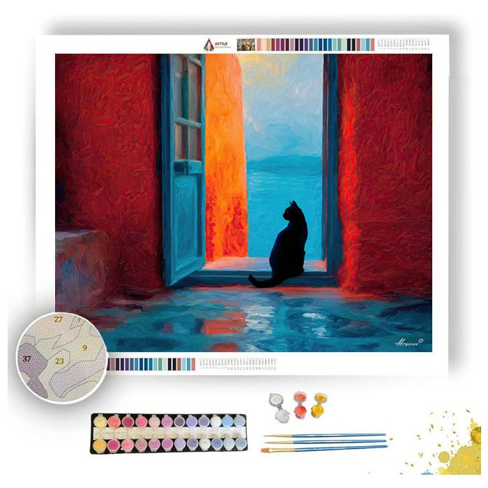 SANTORINI WINDOW CAT SILHOUETTE - Paint by Numbers Full Kit