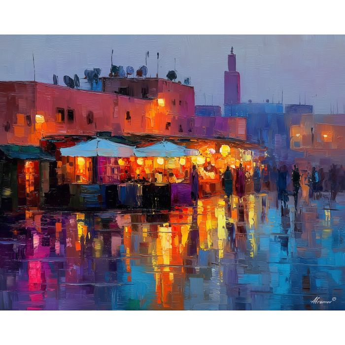 marrakech, lantern, café, terrace, in, misty, dawn, light, palette knife, oil painting, impasto, textured strokes, romantic cityscape, travel painting, colorful reflections, atmospheric light, vivid colors, evening glow, fine art, contemporary impressionism