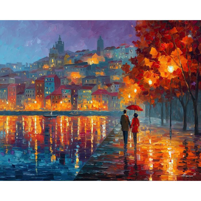 porto, umbrella, couple, beneath, autumn, trees, palette knife, oil painting, impasto, textured strokes, romantic cityscape, travel painting, colorful reflections, atmospheric light, vivid colors, evening glow, fine art, contemporary impressionism, bold color contrast