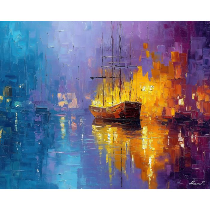 indigo, harbor, palette knife, oil painting, impasto, textured strokes, vivid colors, modern art, expressive painting, bold composition, atmospheric, dramatic light, color contrast, contemporary, visual storytelling, creative art, fine art