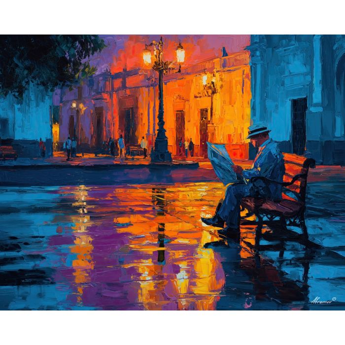 lima, old, man, reading, newspaper, cobalt, twilight, palette knife, oil painting, impasto, textured strokes, romantic cityscape, travel painting, colorful reflections, atmospheric light, vivid colors, evening glow, fine art, contemporary impressionism, bold color contrast