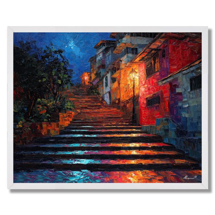 BANGKOK COBBLESTONE STEPS NIGHT - FRAMED