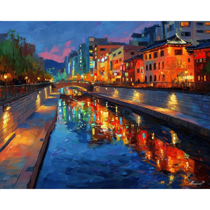 seoul, canal, reflection, clocks, under, lantern, evening, glow, palette knife, oil painting, impasto, textured strokes, romantic cityscape, travel painting, colorful reflections, atmospheric light, vivid colors, evening glow, fine art, contemporary impressionism, bold color contrast