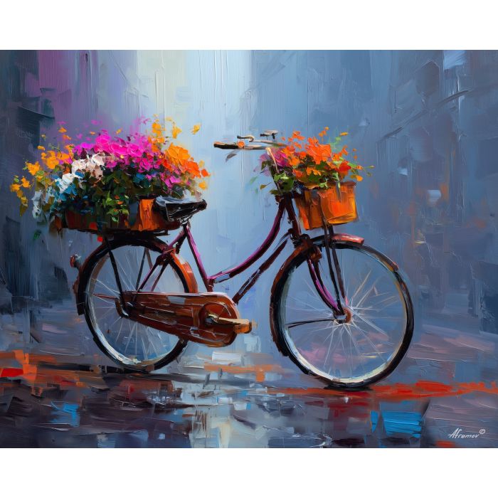 kuala lumpur, vintage, bicycle, flowers, misty, dawn, light, palette knife, oil painting, impasto, textured strokes, romantic cityscape, travel painting, colorful reflections, atmospheric light, vivid colors, evening glow, fine art, contemporary impressionism, bold color contrast