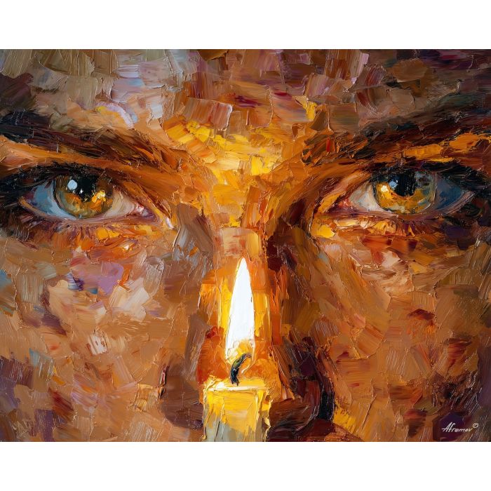 eyes, illuminated, by, a, single, candle, flame, palette knife, oil painting, impasto, textured strokes, vivid colors, dramatic light, expressive painting, bold composition, atmospheric depth, fine art