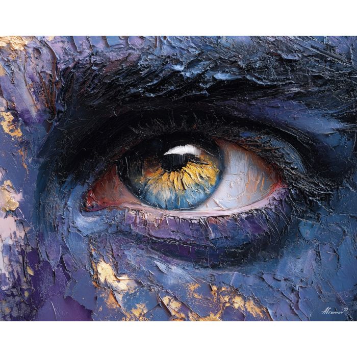 dark, eyes, under, turbulent, midnight, sky, tones, palette knife, oil painting, impasto, textured strokes, vivid colors, dramatic light, expressive painting, bold composition, atmospheric depth, fine art