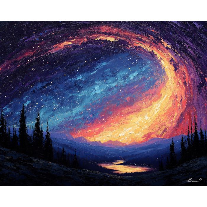 a, spiral, galaxy, arcing, above, quiet, mountain, valley, at, night, palette knife, oil painting, impasto, textured strokes, vivid colors, dramatic light, expressive painting, bold composition, atmospheric depth, fine art