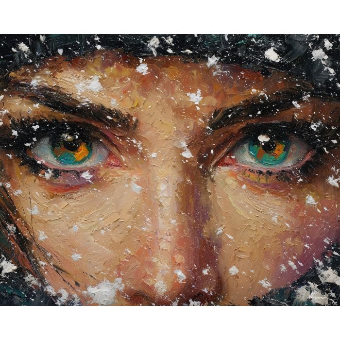 eyes, under, drifting, snowflakes, palette knife, oil painting, impasto, textured strokes, vivid colors, dramatic light, expressive painting, bold composition, atmospheric depth, fine art