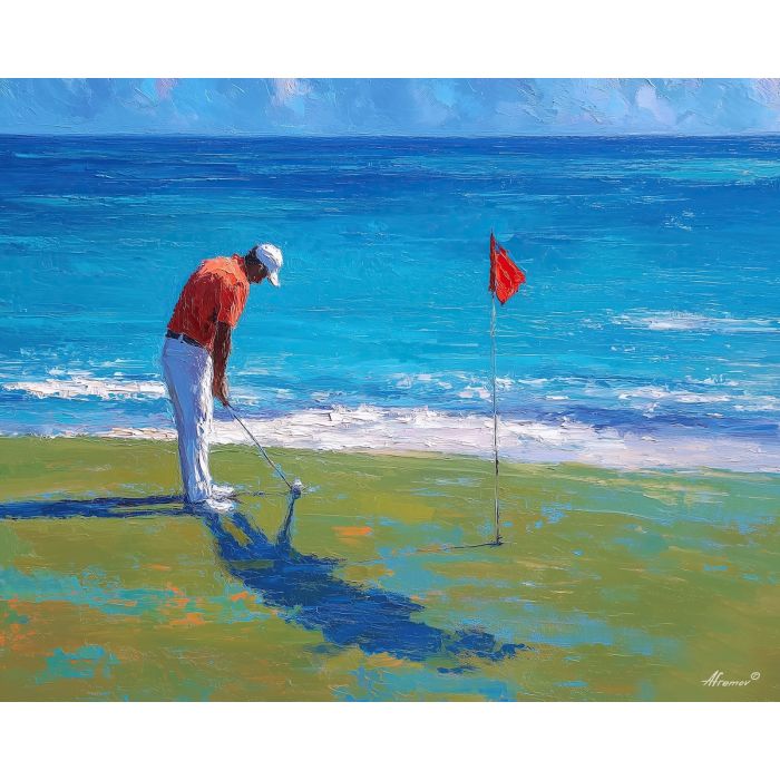 a, golfer, aiming, an, approach, shot, toward, vivid, red, pin, under, radiant, blue, sky, palette knife, oil painting, impasto texture, vivid color, dramatic light, expressive composition