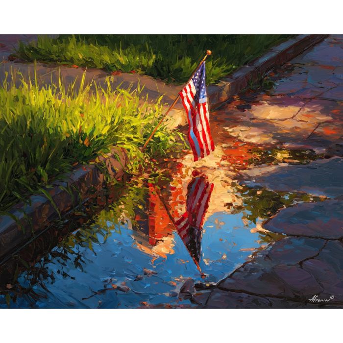 a, flag, reflected, in, puddle, beside, the, green,, with, warm, lights, and, blue, shadows, palette knife, oil painting, impasto texture, vivid color, dramatic light, expressive composition