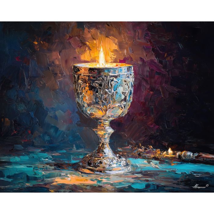 elijah cup, ornate cup, spotlight, warm glow, cobalt darkness, ritual symbol, table setting, metal reflections, dramatic contrast, quiet focus, holiday night, deep shadows, warm accents, still life, symbolic cup, glowing highlights, night interior, fine art, shadow field, center focus