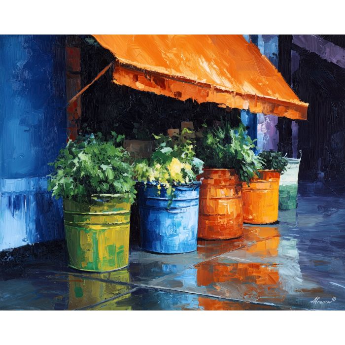 plant market, buckets of greenery, wet pavement, awning light, orange reflections, cobalt street, outdoor market, leaf textures, urban scene, colorful background, soft blur, street tones, market stall, rainy pavement, reflection, travel vibe, warm awning, cool street, market buckets, lively scene