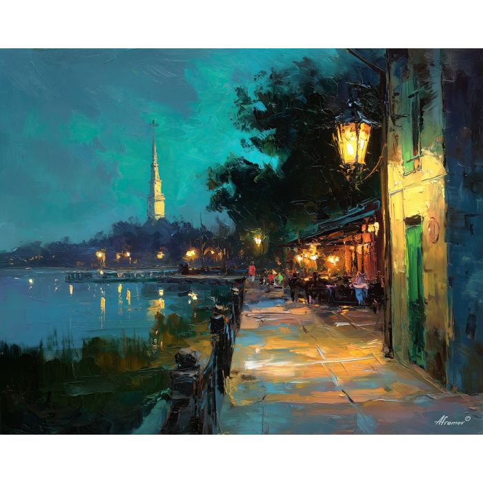 german, a lakeside terrace, a wall lantern above a doorway, a distant church spire, forest greens with golden highlights, foreground subject, colorful background, soft reflections, impasto texture, cobalt shadows, warm highlights, painterly atmosphere, layered depth, knife stroke detail, lakeside terrace, wall lantern, lantern above, distant church, church spire, forest greens