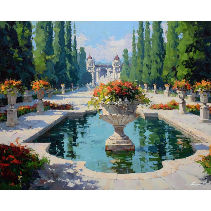 neoclassicism, an ornate fountain plaza, an urn with flowers, symmetrical perspective lines, pale ivory with cobalt depth, foreground subject, colorful background, soft reflections, impasto texture, cobalt shadows, warm highlights, painterly atmosphere, layered depth, knife stroke detail, ornate fountain, fountain plaza, with flowers, symmetrical perspective, perspective lines, pale ivory