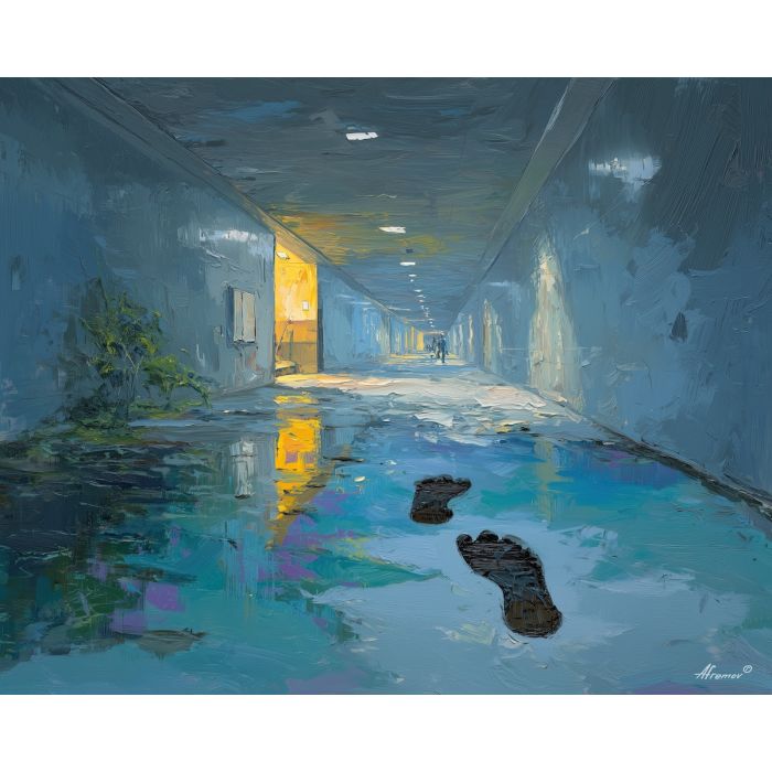 zombie, a deserted library hall, a pair of muddy footprints, wind-tossed flyers, cool cobalt with sickly green highlights, foreground subject, colorful background, soft reflections, impasto texture, cobalt shadows, warm highlights, painterly atmosphere, layered depth, knife stroke detail, deserted library, library hall, pair muddy, muddy footprints, wind tossed, tossed flyers