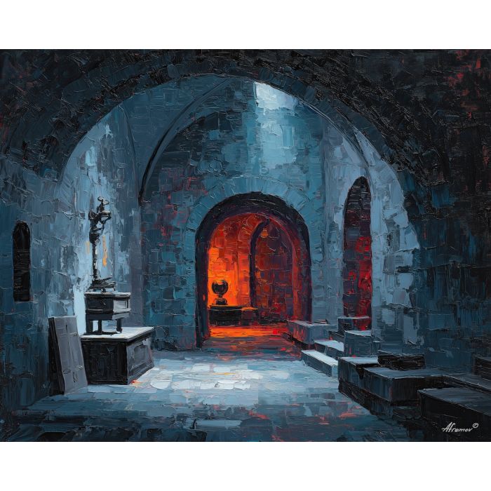 goth, a crypt antechamber, an inkwell and quill, deep blue-black negative space, smoked gray with crimson accents, foreground subject, colorful background, soft reflections, impasto texture, cobalt shadows, warm highlights, painterly atmosphere, layered depth, knife stroke detail, crypt antechamber, inkwell quill, deep blue, blue black, smoked gray, gray with