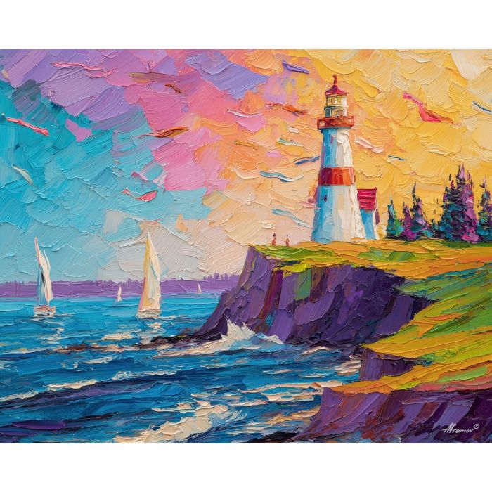 whimsical, a leaf-top lighthouse bluff, a striped candy bridge, windblown ribbons, bright pastels with orange and cobalt, foreground subject, colorful background, soft reflections, impasto texture, cobalt shadows, warm highlights, painterly atmosphere, layered depth, knife stroke detail, leaf lighthouse, lighthouse bluff, striped candy, candy bridge, bright pastels, pastels with