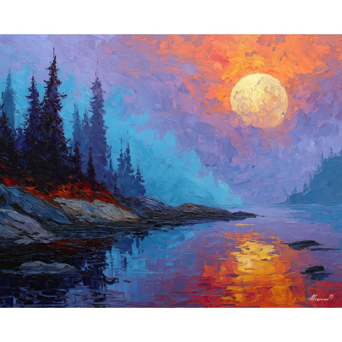 chinese dragon, a moonlit lake shore, whiskers swept by wind, ink-like mist layers, fiery red and gold with cobalt shadows, foreground subject, colorful background, soft reflections, impasto texture, cobalt shadows, warm highlights, painterly atmosphere, layered depth, knife stroke detail, moonlit lake, lake shore, whiskers swept, swept wind, like mist, mist layers