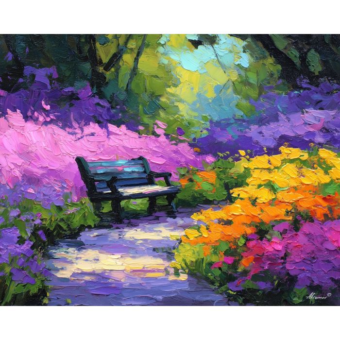 mothers day, a garden bench in bloom, a cake slice on a plate, bright spring blur beyond glass, spring violet with warm highlights, foreground subject, colorful background, soft reflections, impasto texture, cobalt shadows, warm highlights, painterly atmosphere, layered depth, knife stroke detail, garden bench, bench bloom, cake slice, slice plate, bright spring, spring blur