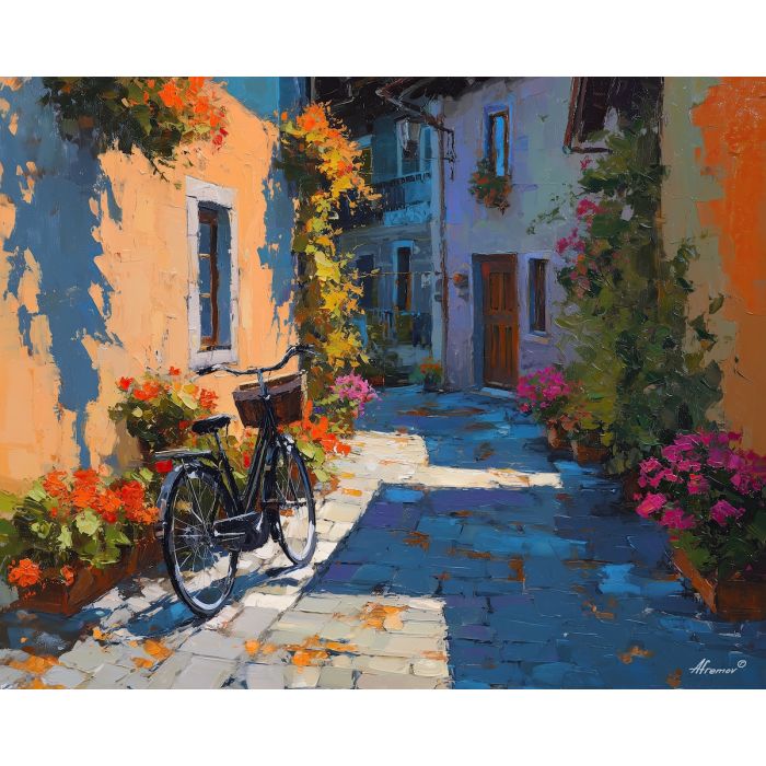 german, a Bavarian alpine village lane, a bicycle with a basket, sunlit geraniums, autumn copper with deep navy, foreground subject, colorful background, soft reflections, impasto texture, cobalt shadows, warm highlights, painterly atmosphere, layered depth, knife stroke detail, bavarian alpine, alpine village, bicycle with, with basket, autumn copper, copper with