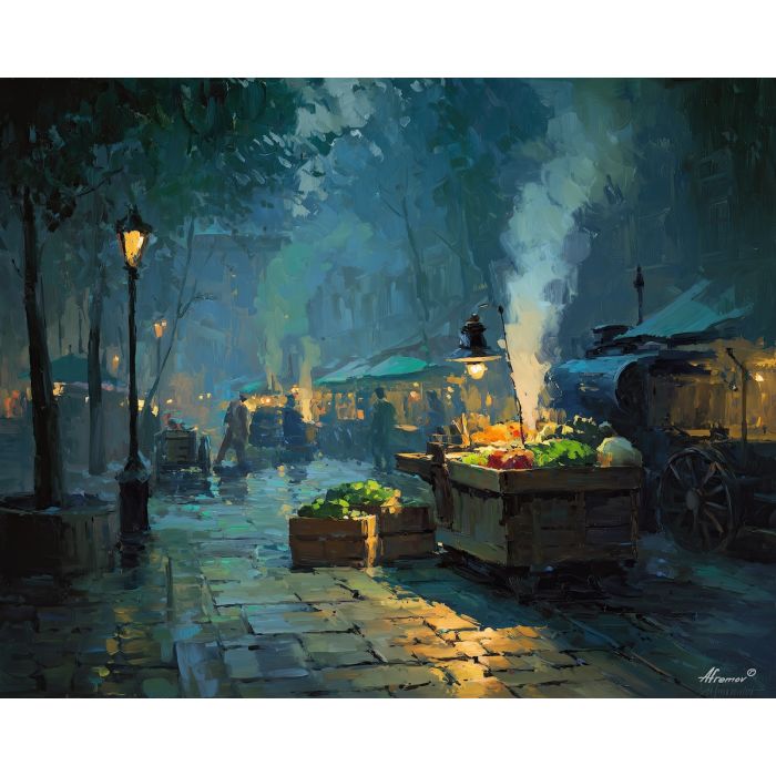 german, a cobblestone market square, an apple crate at a stall, steam rising from mugs, forest greens with golden highlights, foreground subject, colorful background, soft reflections, impasto texture, cobalt shadows, warm highlights, painterly atmosphere, layered depth, knife stroke detail, cobblestone market, market square, apple crate, crate stall, steam rising, rising from
