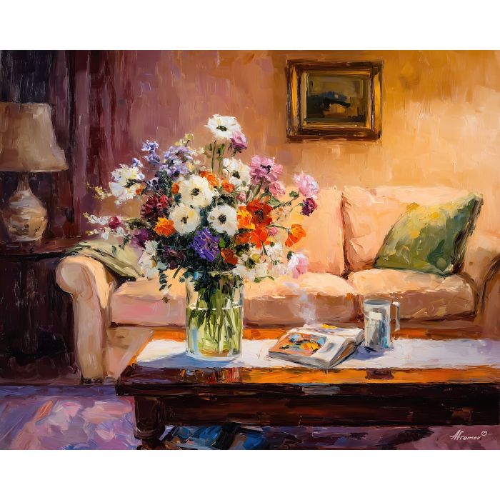 mothers day, a cozy living room table, hands holding a bouquet, warm steam rising, spring violet with warm highlights, foreground subject, colorful background, soft reflections, impasto texture, cobalt shadows, warm highlights, painterly atmosphere, layered depth, knife stroke detail, cozy living, living room, hands holding, holding bouquet, warm steam, steam rising