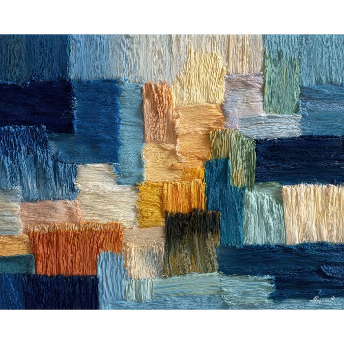 embroidery, a folk geometric border, a rustic farmhouse textile spread across a bench, dense stitch repetition and wool texture, indigo blues with saffron accents and warm neutrals, cultural and grounded, textile motif, stitched relief, linen grain, thread sheen, oil painting, palette knife texture, impasto oil, thick paint, bold brushwork, soft glow, color contrast, layered depth, foreground focus, background gradient