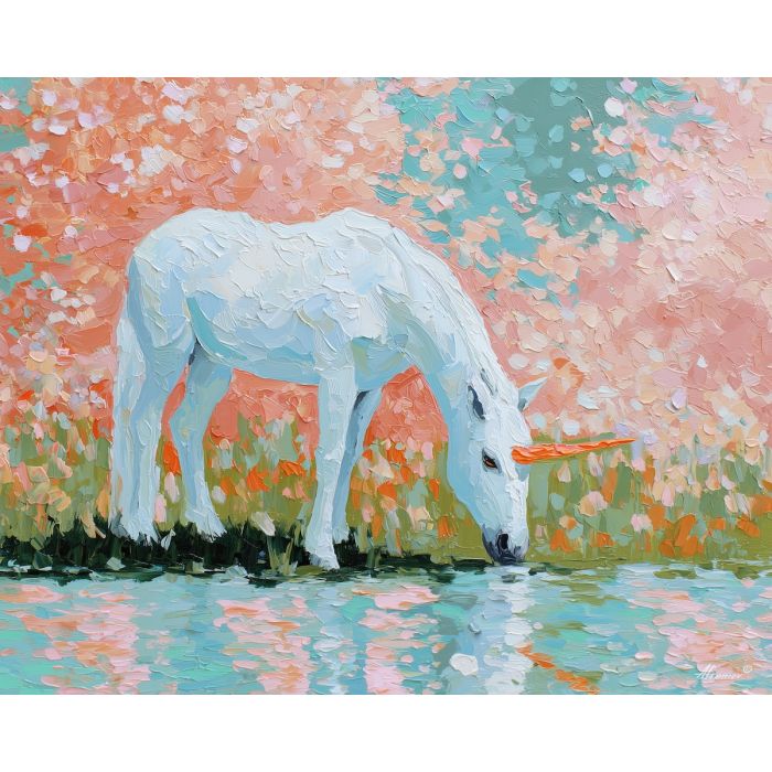 unicorn, a unicorn with glowing horn tip, a bright spring glade, simplified star flecks, cool aqua with warm coral accents, ethereal and bright, foreground subject, impasto texture, textured strokes, atmospheric depth, oil painting, palette knife texture, impasto oil, thick paint, bold brushwork, soft glow, color contrast, layered depth, foreground focus, background gradient