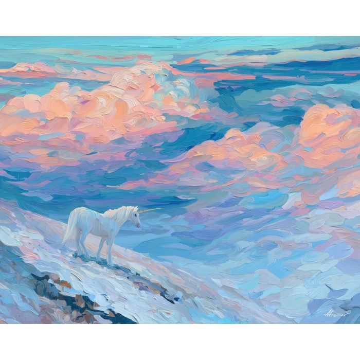 unicorn, a unicorn at the edge of a cloud sea, a frosty lake edge, pastel sky planes stacked in depth, mint green and peach glow with indigo depth, softly cinematic, foreground subject, impasto texture, textured strokes, atmospheric depth, oil painting, palette knife texture, impasto oil, thick paint, bold brushwork, soft glow, color contrast, layered depth, foreground focus, background gradient