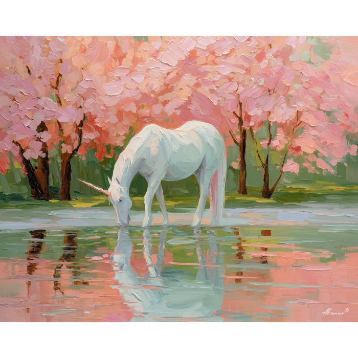 unicorn, a unicorn with dew on its coat, a cherry blossom grove, reflections stretched in long strokes, mint green and peach glow with indigo depth, dreamlike and gentle, foreground subject, impasto texture, textured strokes, atmospheric depth, oil painting, palette knife texture, impasto oil, thick paint, bold brushwork, soft glow, color contrast, layered depth, foreground focus, background gradient