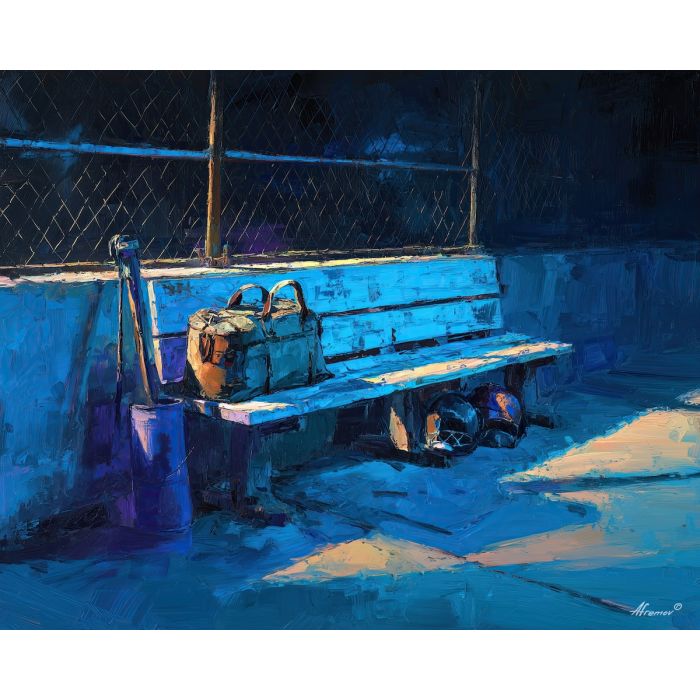 baseball, a dugout bench with gear, a sideline with shadows, metal fence glints, night cobalt with bright white highlights, rain-fresh and moody, foreground subject, impasto texture, textured strokes, atmospheric depth, oil painting, palette knife texture, impasto oil, thick paint, bold brushwork, soft glow, color contrast, layered depth, foreground focus, background gradient