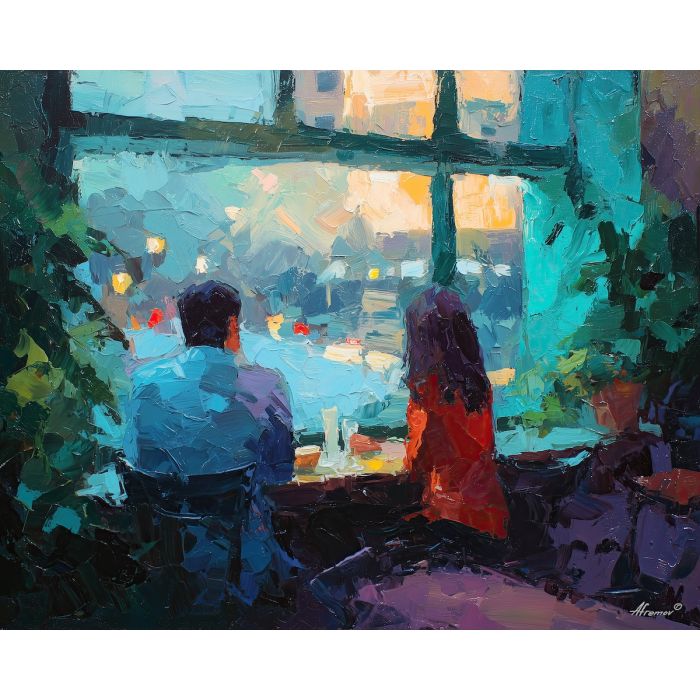 black love, a couple seated at a café window, a rainy street corner, broad brushy foliage shapes, violet and teal with warm light, serene and radiant, foreground subject, impasto texture, textured strokes, atmospheric depth, oil painting, palette knife texture, impasto oil, thick paint, bold brushwork, soft glow, color contrast, layered depth, foreground focus, background gradient